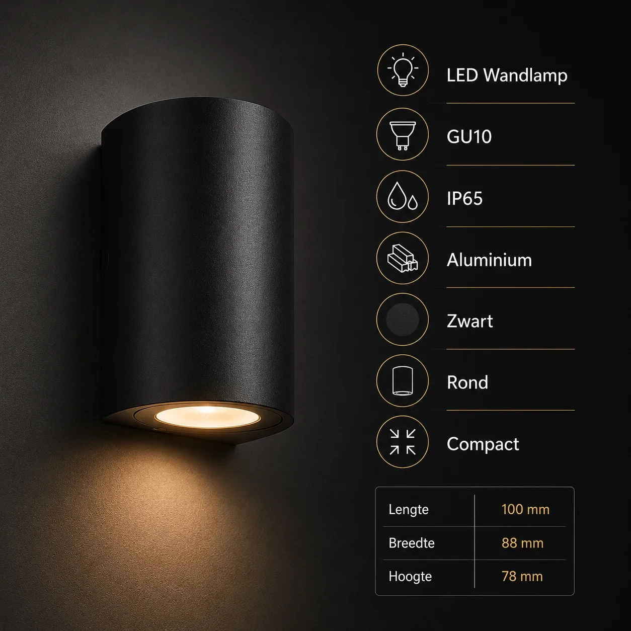 Moderne wandlamp, GU10 fitting, Aluminium, IP65, Zwart