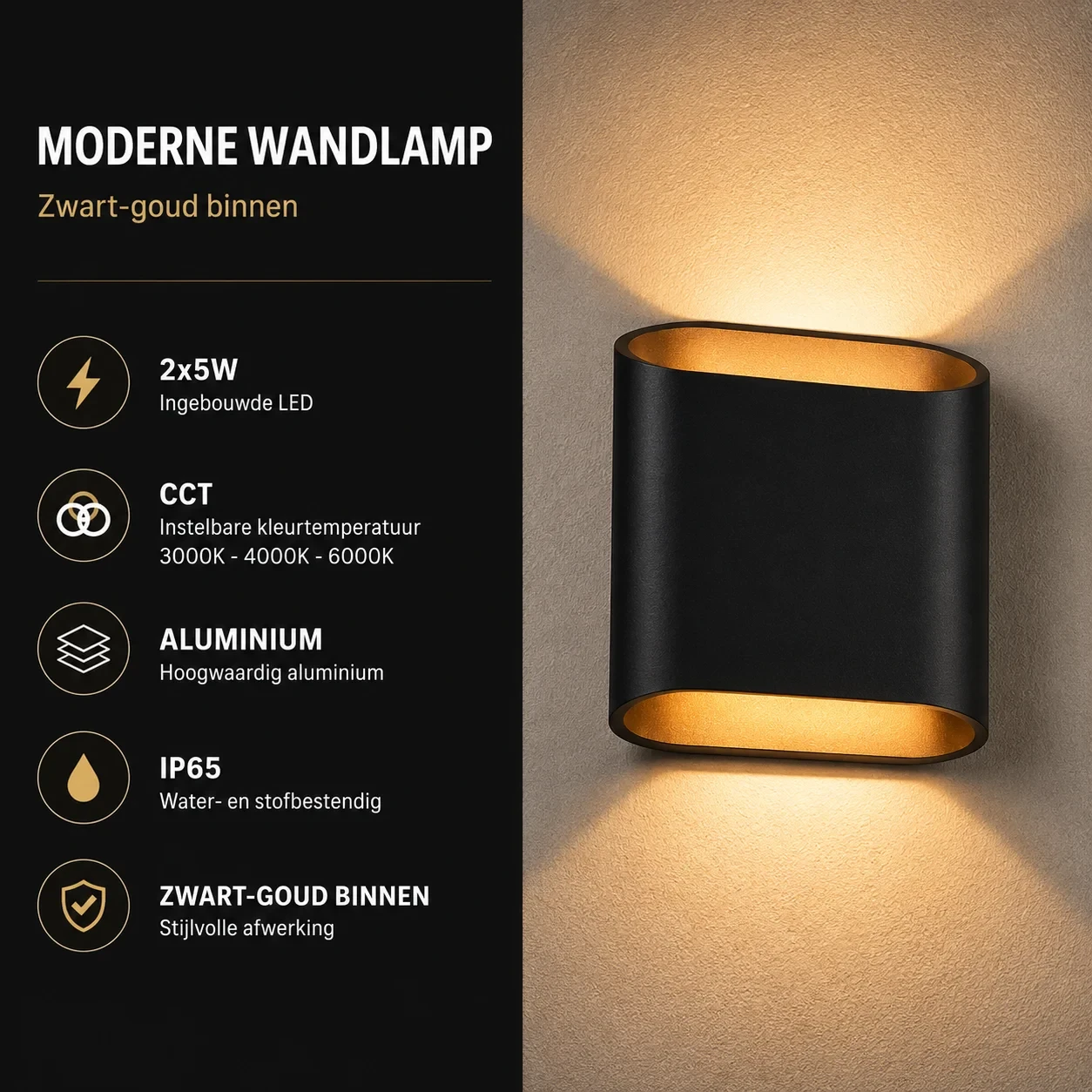 Moderne wandlamp zwart, 2x5W, CCT, Aluminium, IP65, Zwart-goud binnen