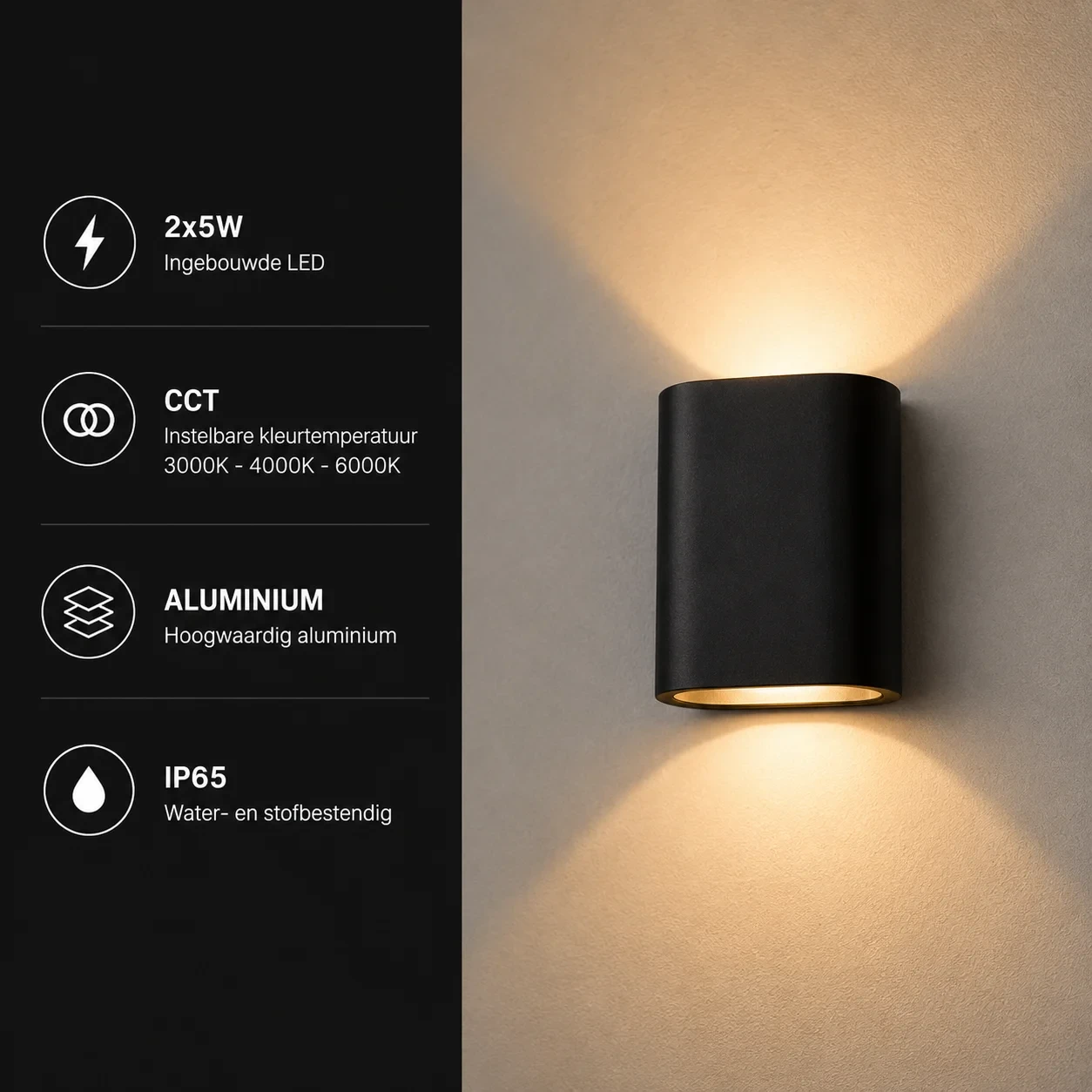 Moderne wandlamp zwart, 2x5W, CCT, Aluminium, IP65