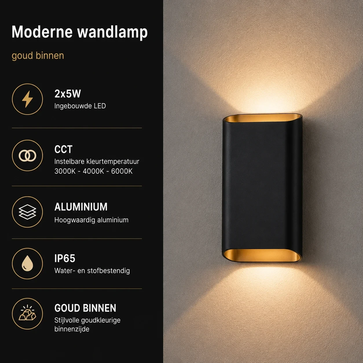 Moderne wandlamp zwart, 2x5W, CCT, Aluminium, IP65, goud binnen