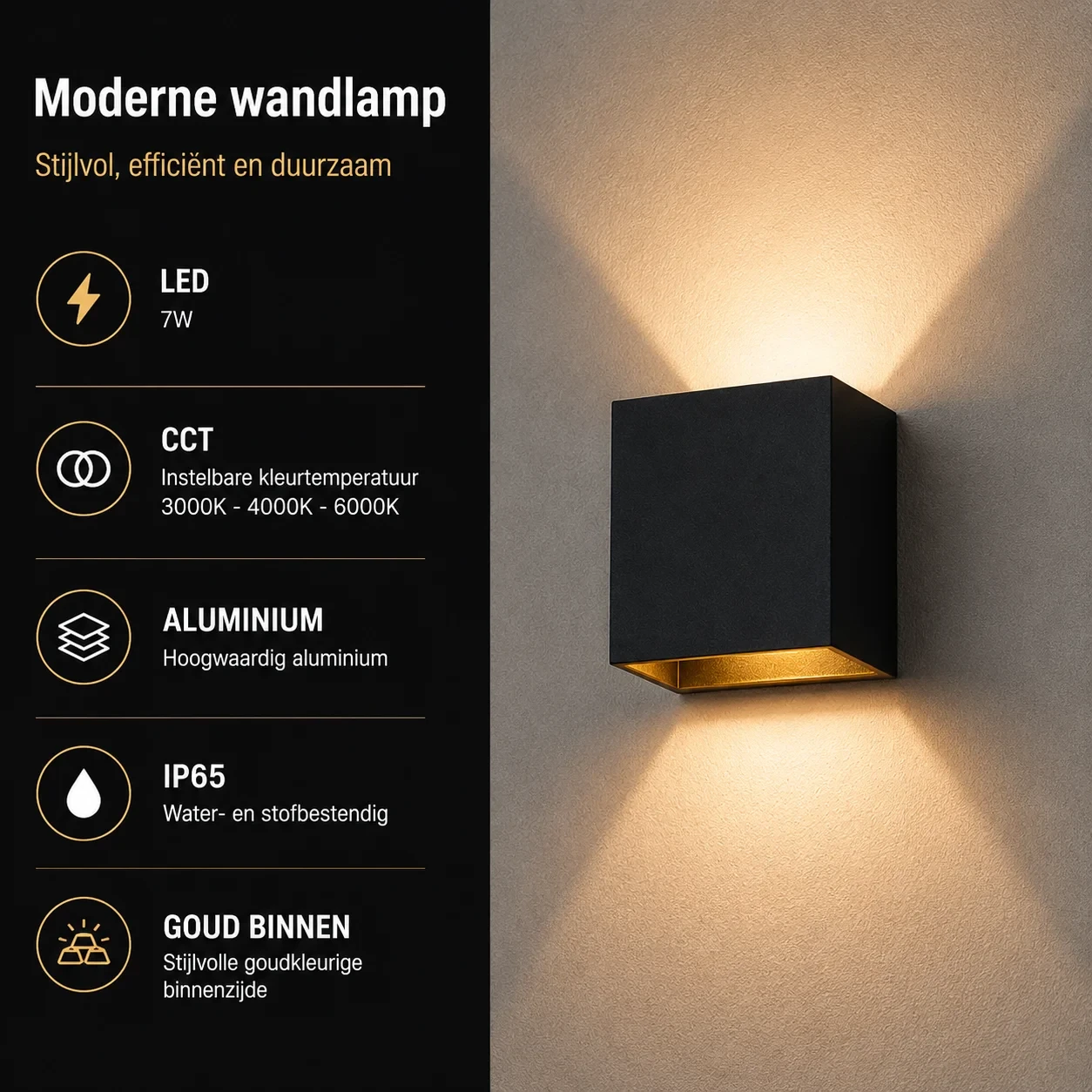 Moderne wandlamp zwart, LED, 7W, CCT, Aluminium, IP65, goud binnen