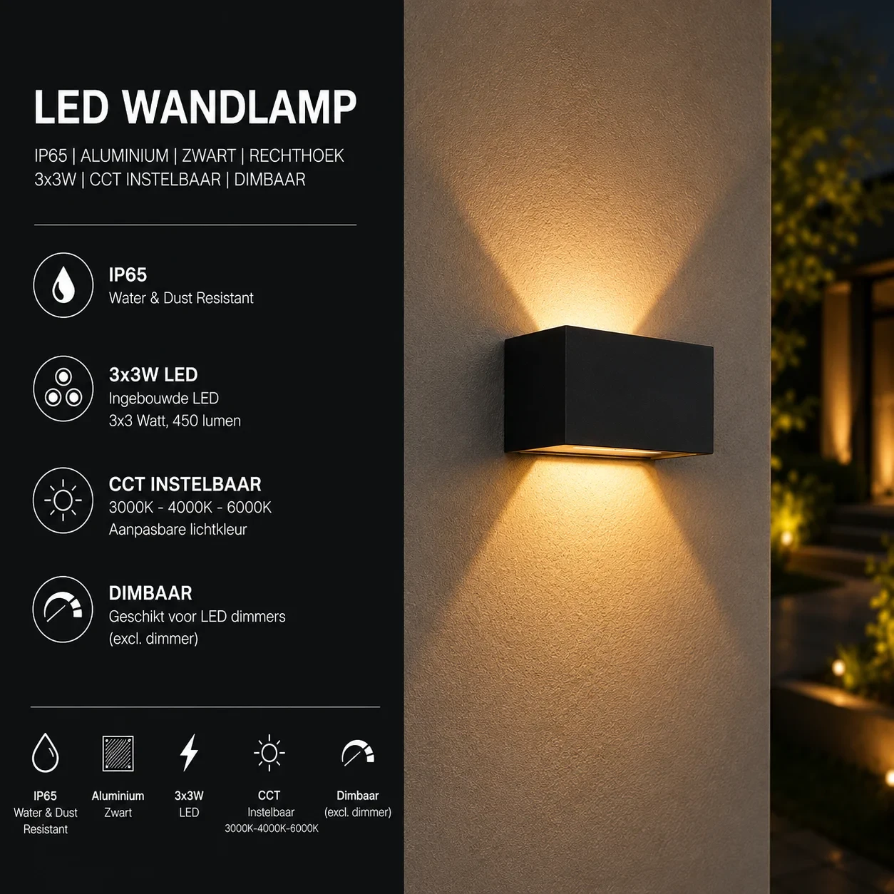 Moderne wandlamp zwart, 4x3W, CCT, Aluminium, IP65