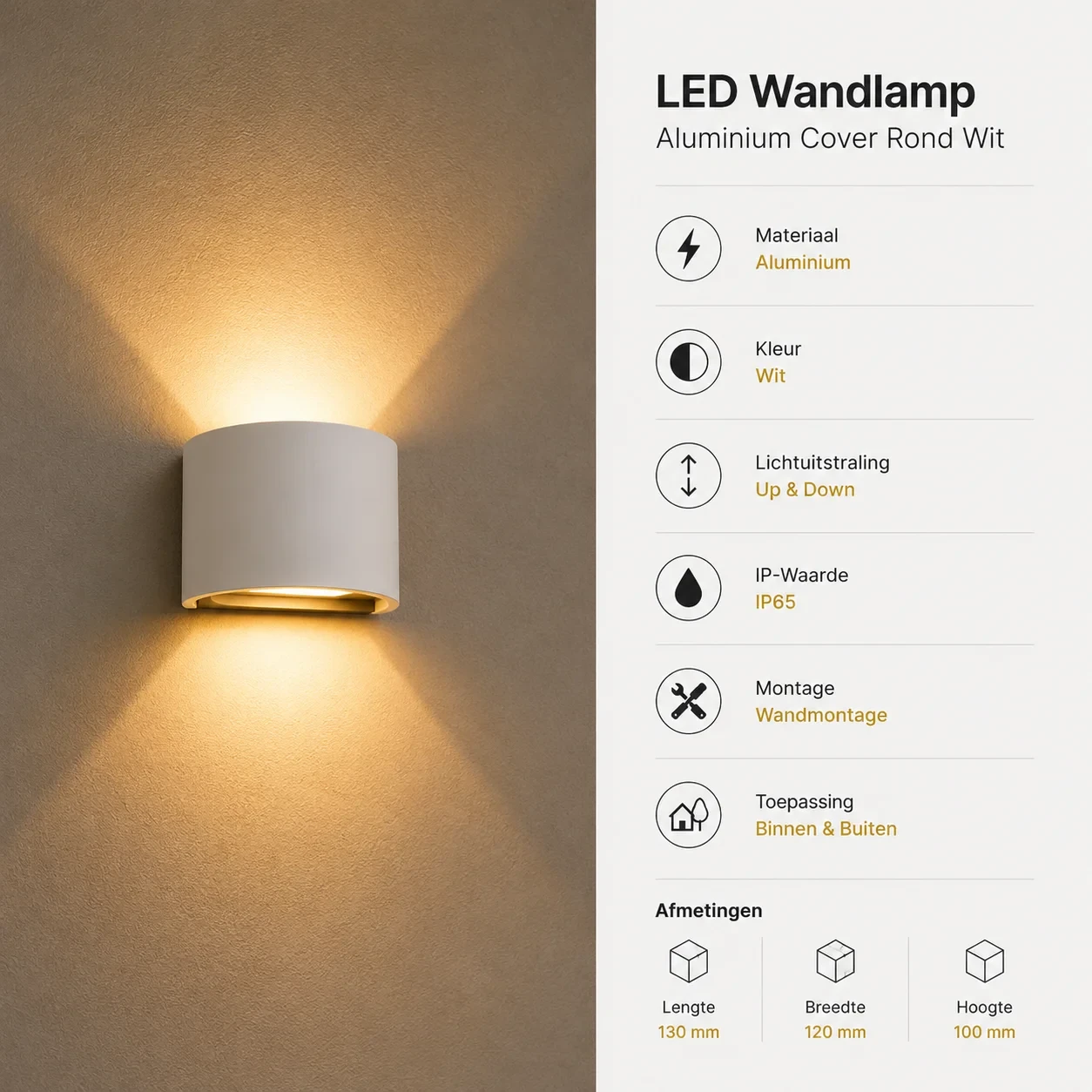 Moderne Ronde Wandlamp, Aluminium, Wit, 135x120mm