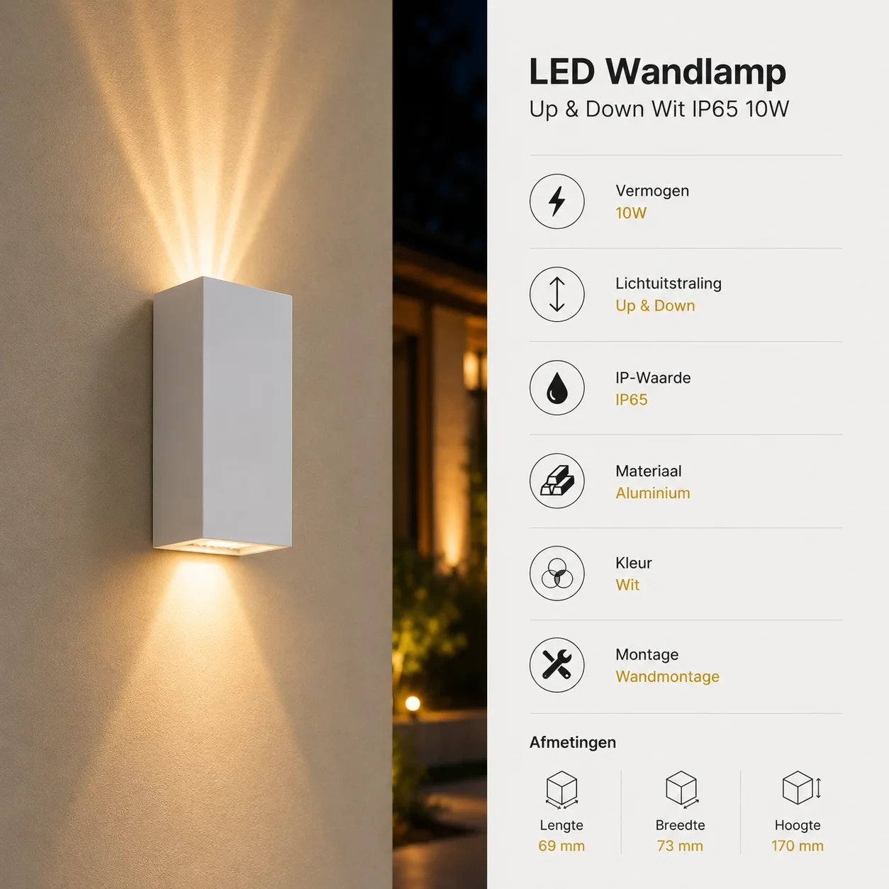 Moderne wandlamp wit, 10W, CCT, Aluminium, IP65