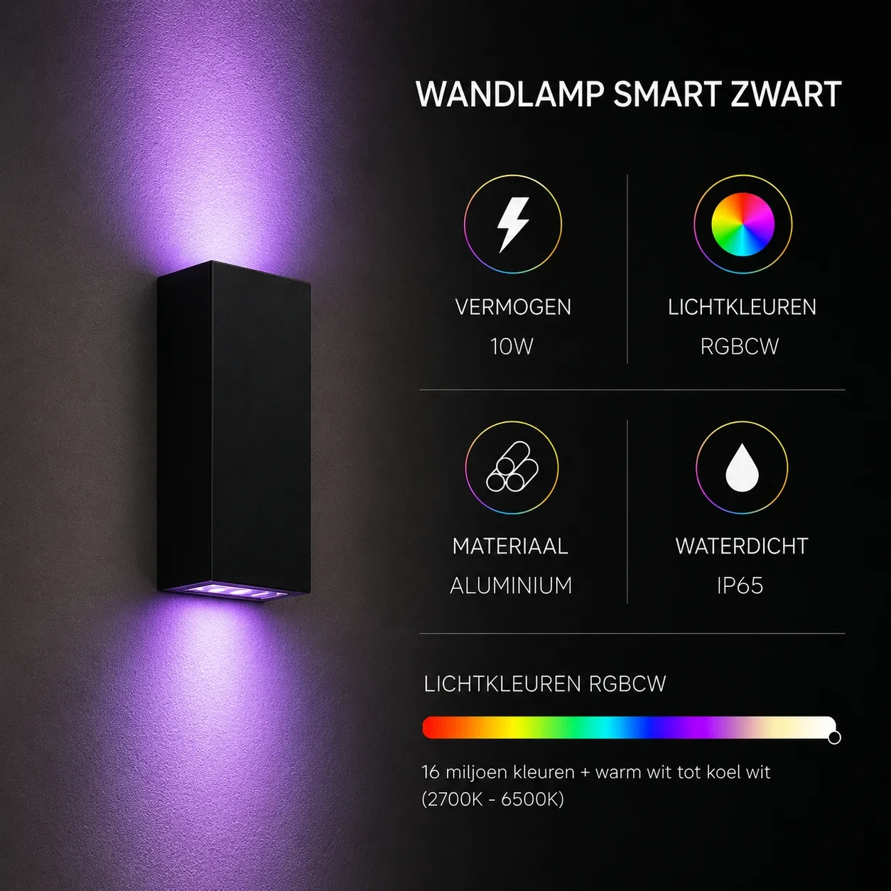 Wandlamp smart zwart, 10W, RGBCW, Aluminium, IP65