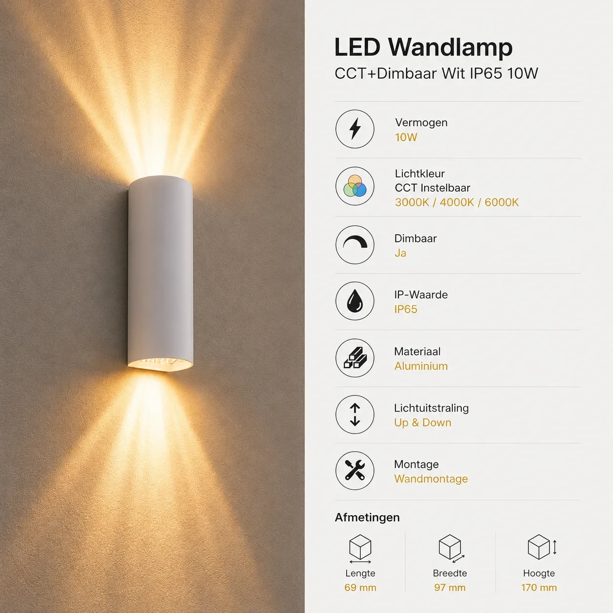 Moderne wandlamp wit, 10W, CCT, Aluminium, IP65