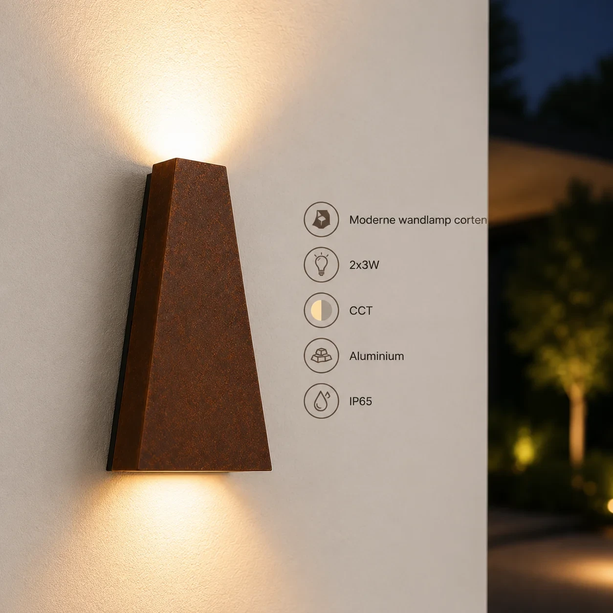 Moderne wandlamp corten, 2x3W, CCT, Aluminium, IP65,