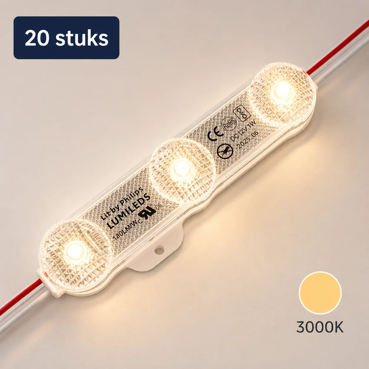LED module, 3000K, 12V, 1W, 180Lm, 180°, IP68, Set van 20 stuks
