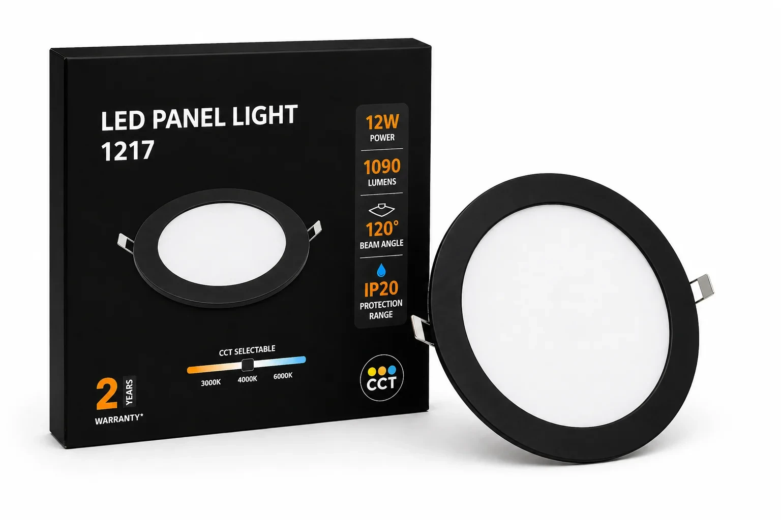 LED Slim Paneel, 12W, 3CCT, Rond, IP20, Zwart