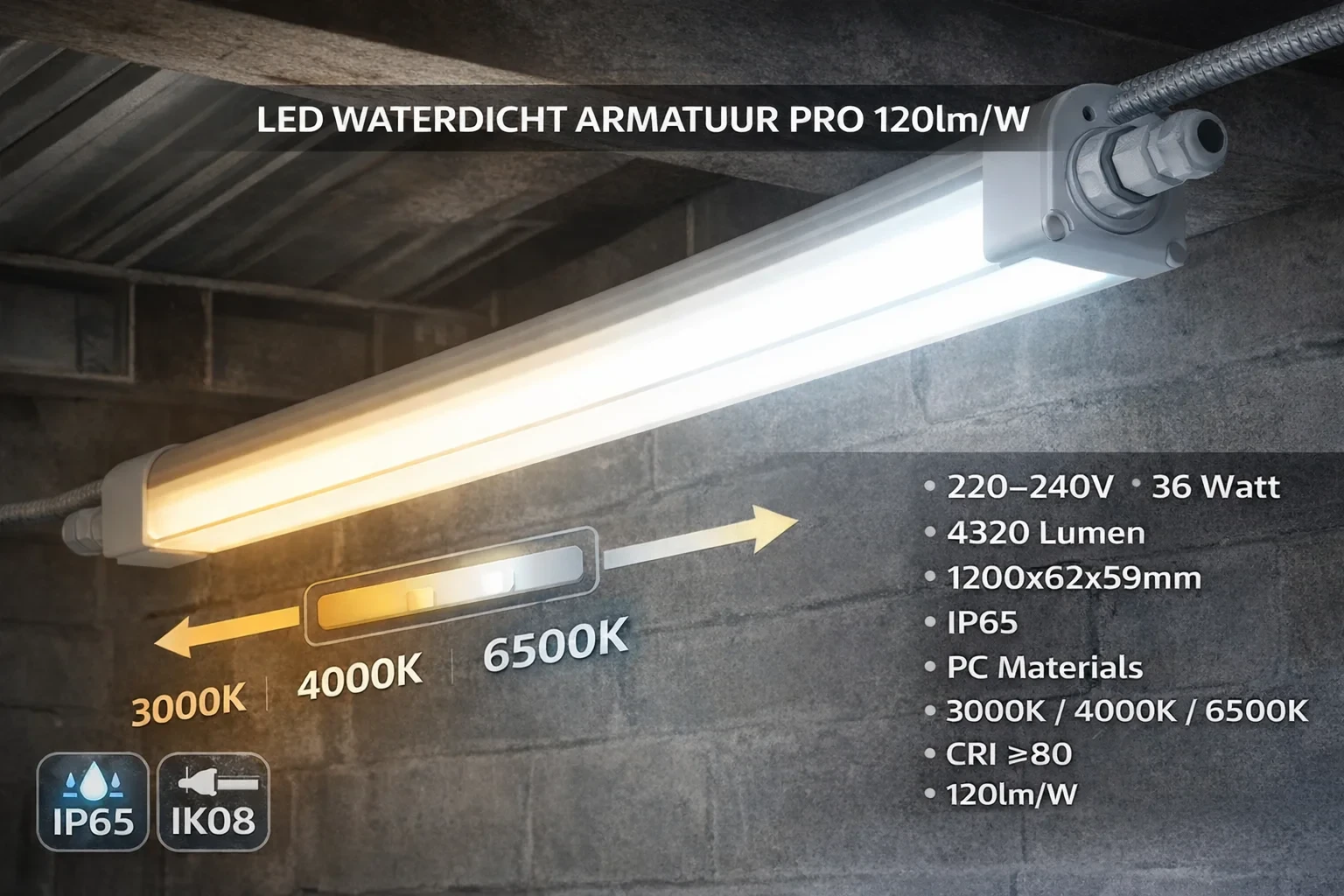 LED armatuur, waterdicht, 120 cm, 36W, 4320lm, CCT, IP65