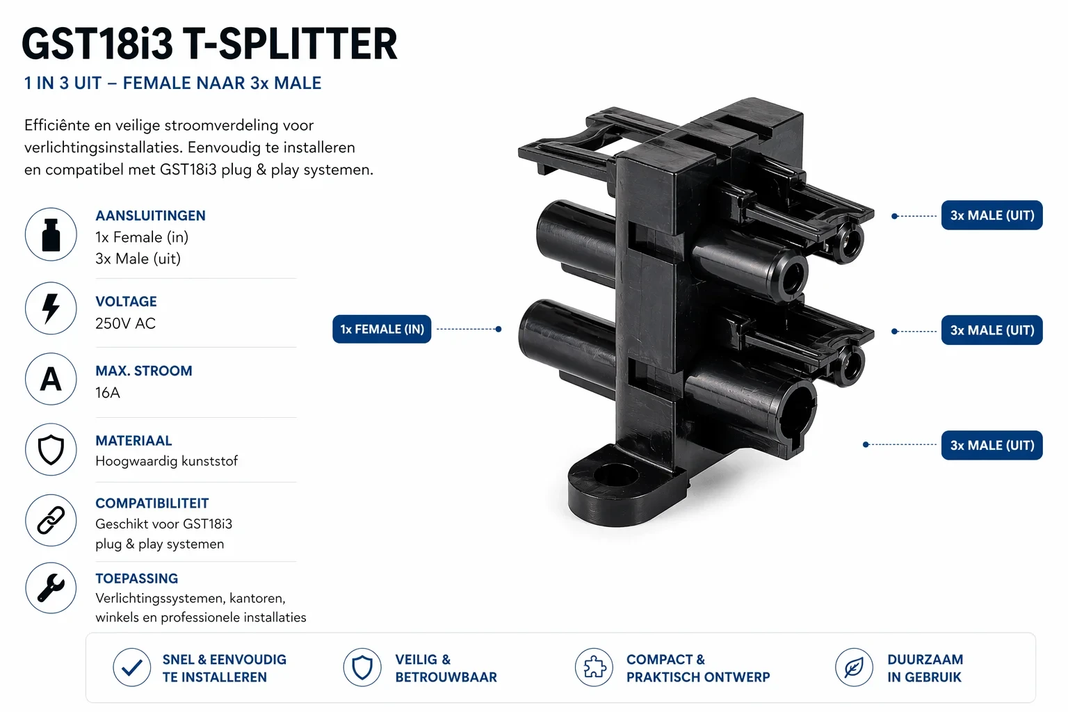 GST18i3 T-splitter, 1 in, 3 uit, Female naar 3x Male