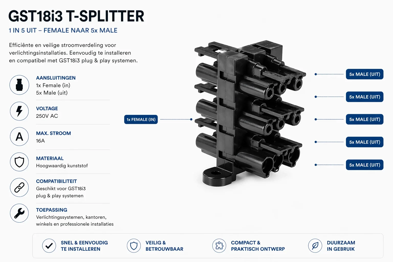 GST18i3 T-splitter, 1 in, 5 uit, Female naar 5x Male