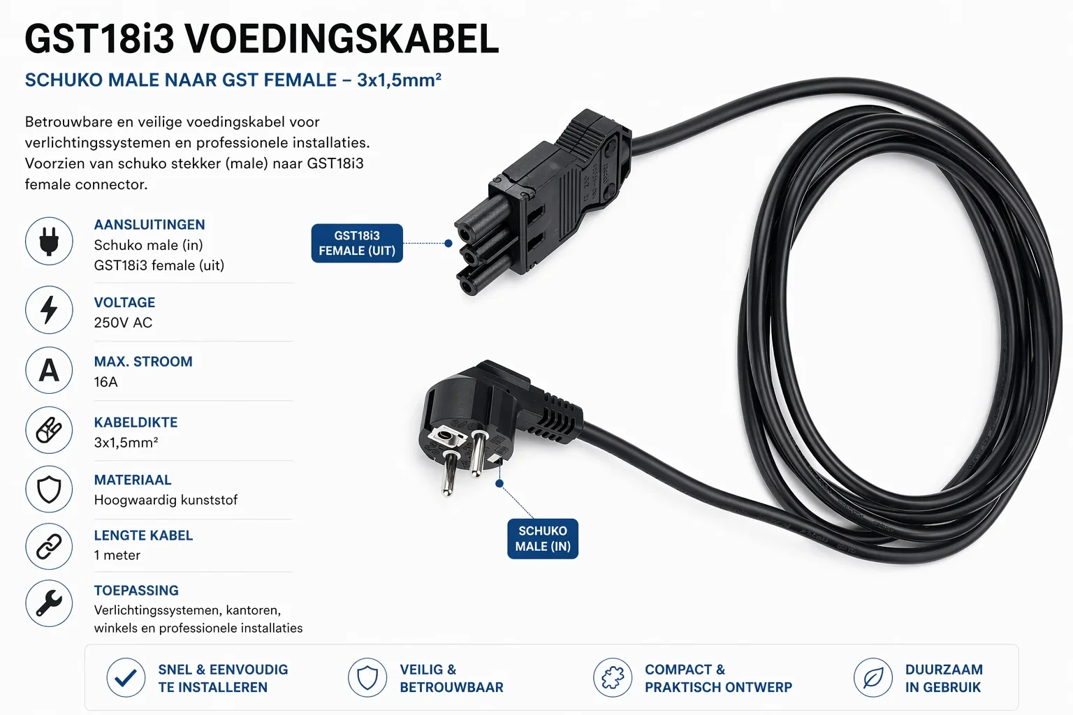 GST18i3 voedingskabel, 3x1,5mm², 2 Meter, Schuko Male naar GST Female