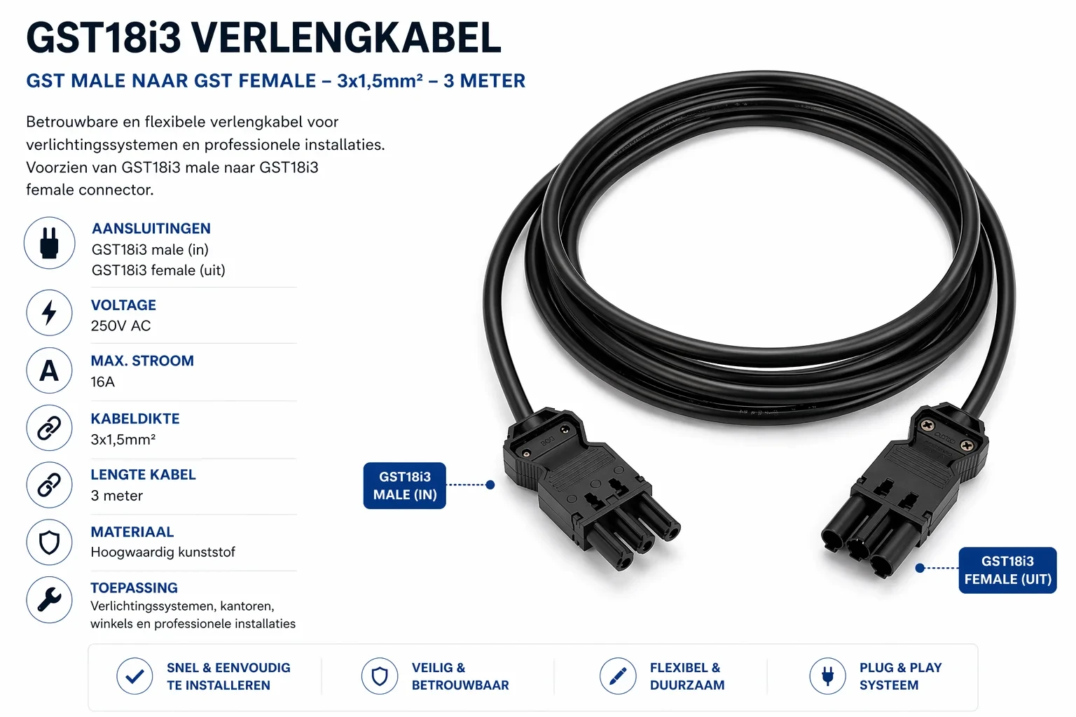 GST18i3 verlengkabel, 3x1,5mm², 3 Meter, GST Male naar GST Female
