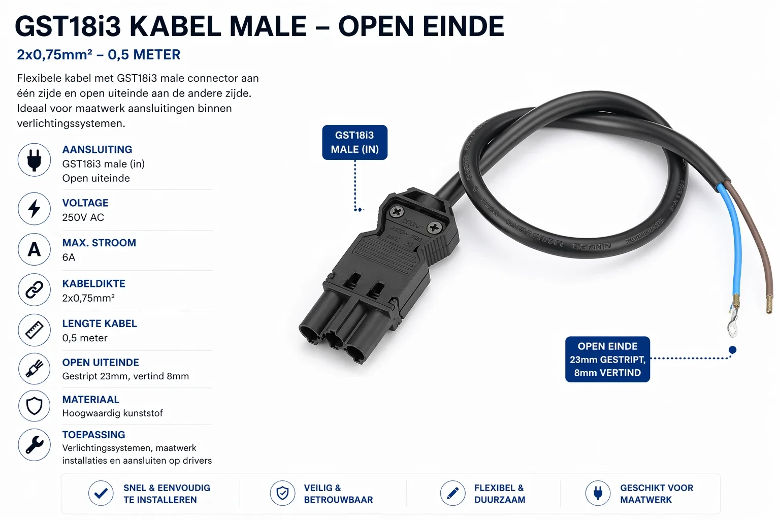 GST18i3 kabel, 2x0,75mm², 0,5 Meter, Male naar Open Einde