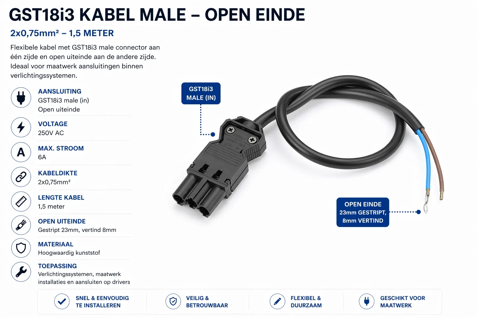 GST18i3 kabel, 2x0,75mm², 1,5 Meter, Male naar Open Einde