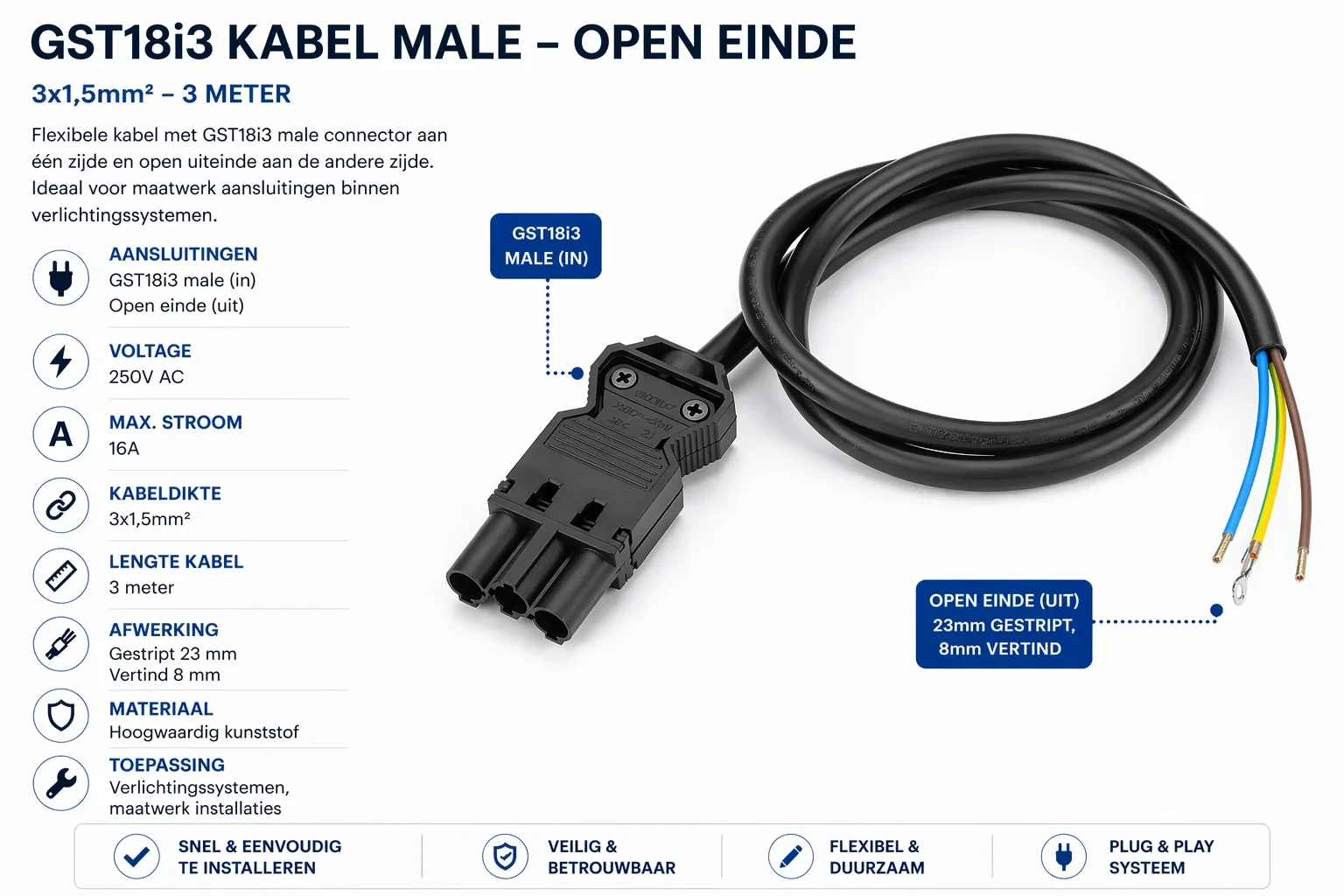 GST18i3 kabel, 2x0,75mm², 3 Meter, Male naar Open Einde