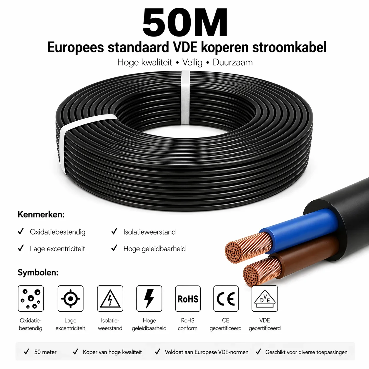 H05VV-F kabel, 2x0,75mm², 50 Meter