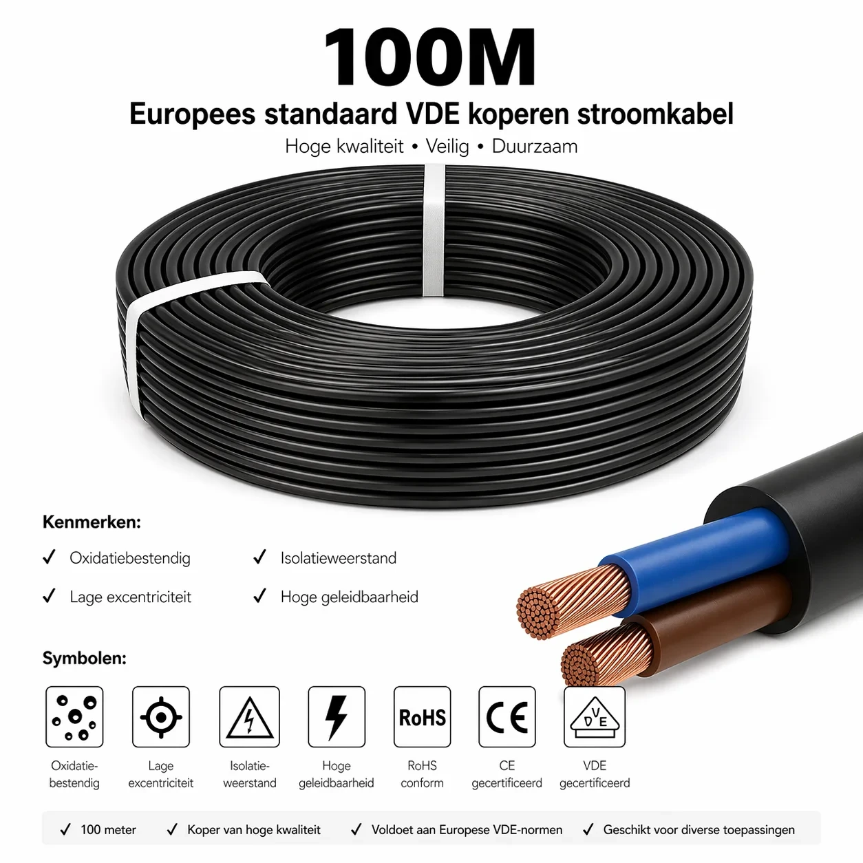 H05VV-F kabel, Eca, 2x0,75mm², 100 Meter