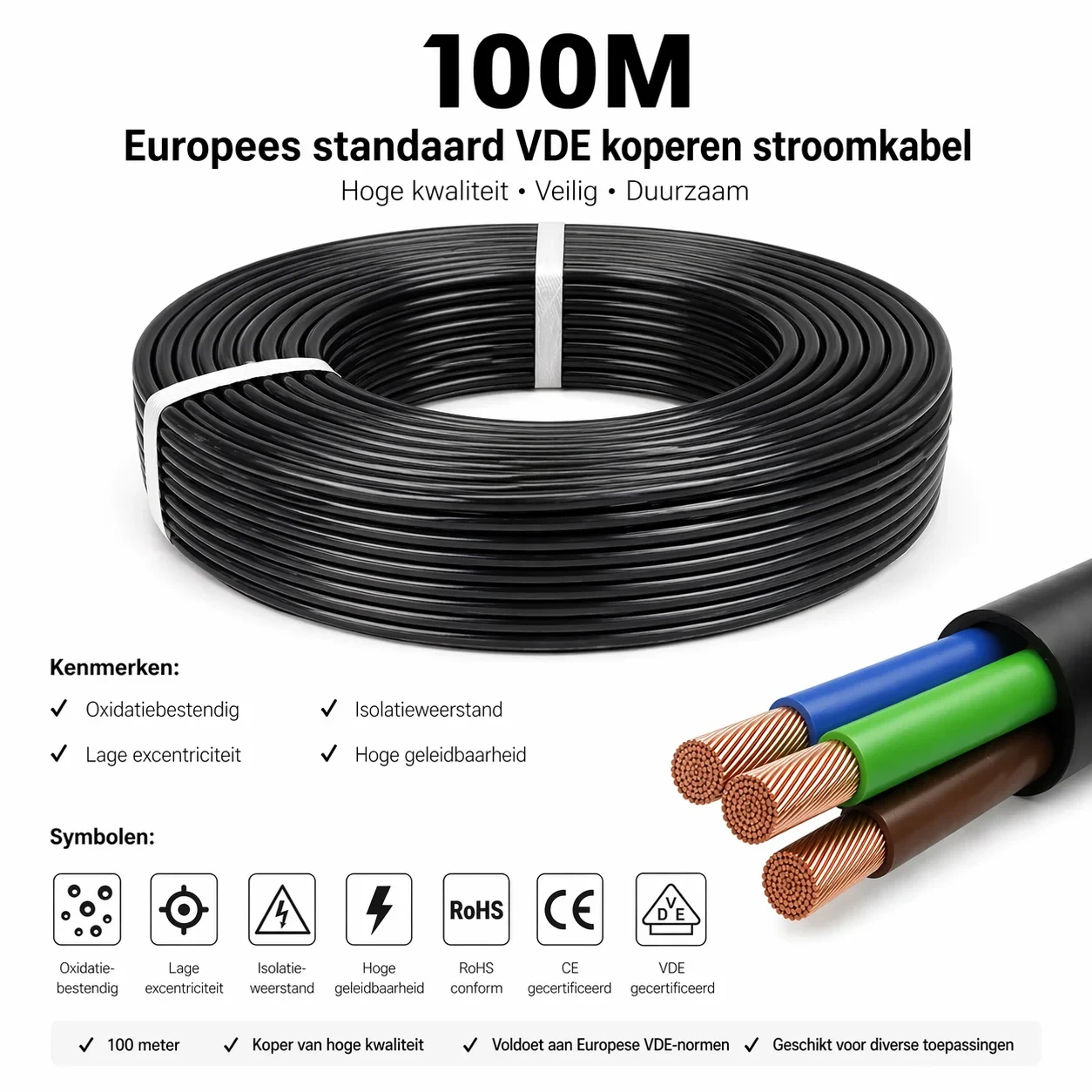 H05VV-F kabel, 3x1,5mm², 100 Meter