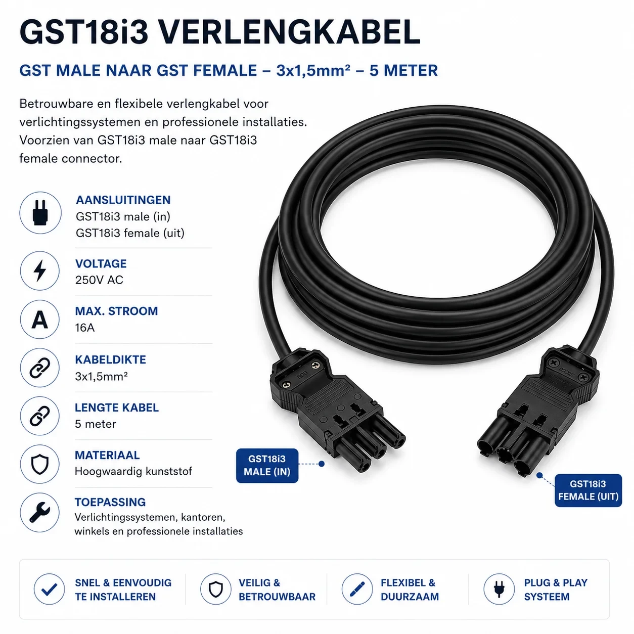 GST18i3 verlengkabel, 3x1,5mm², 5 Meter, GST Male naar GST Female