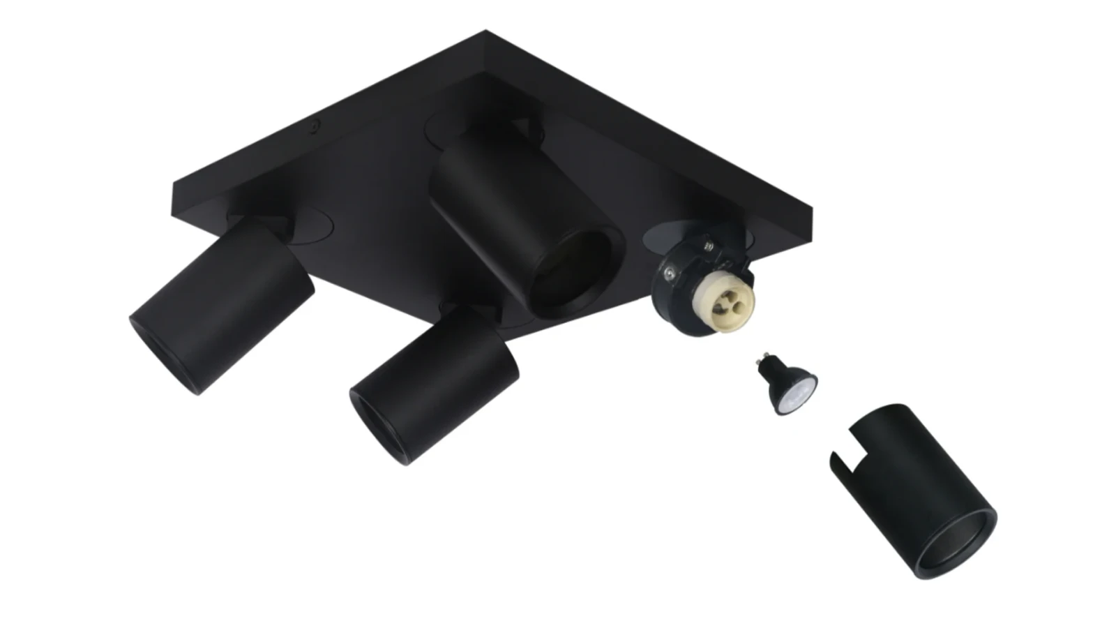 LED Plafondspot vierkant, Opbouw, 4-Lichts, Kantelbaar, Dimbaar, GU10, Zwart