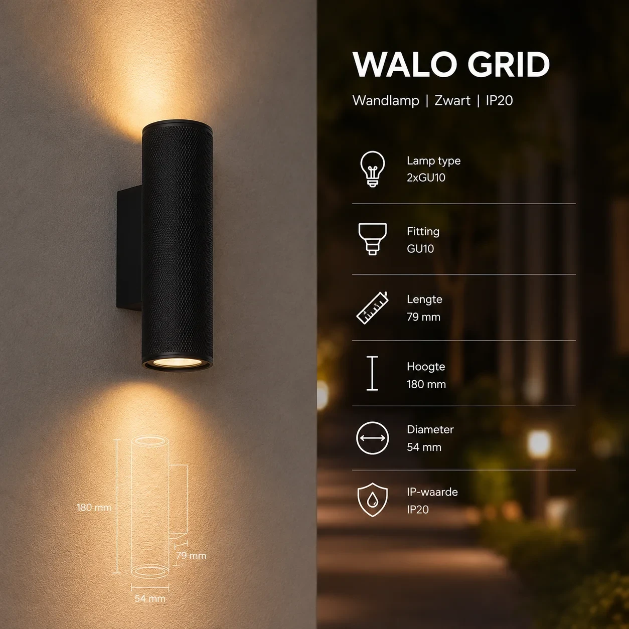 Wandlamp WALO GRID, Zwart, IP20