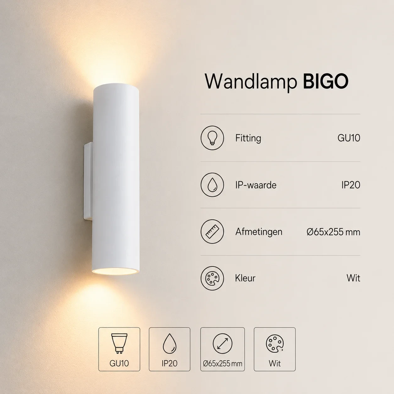 Wandlamp BIGO, GU10, IP20, Ø65x255 mm, Wit