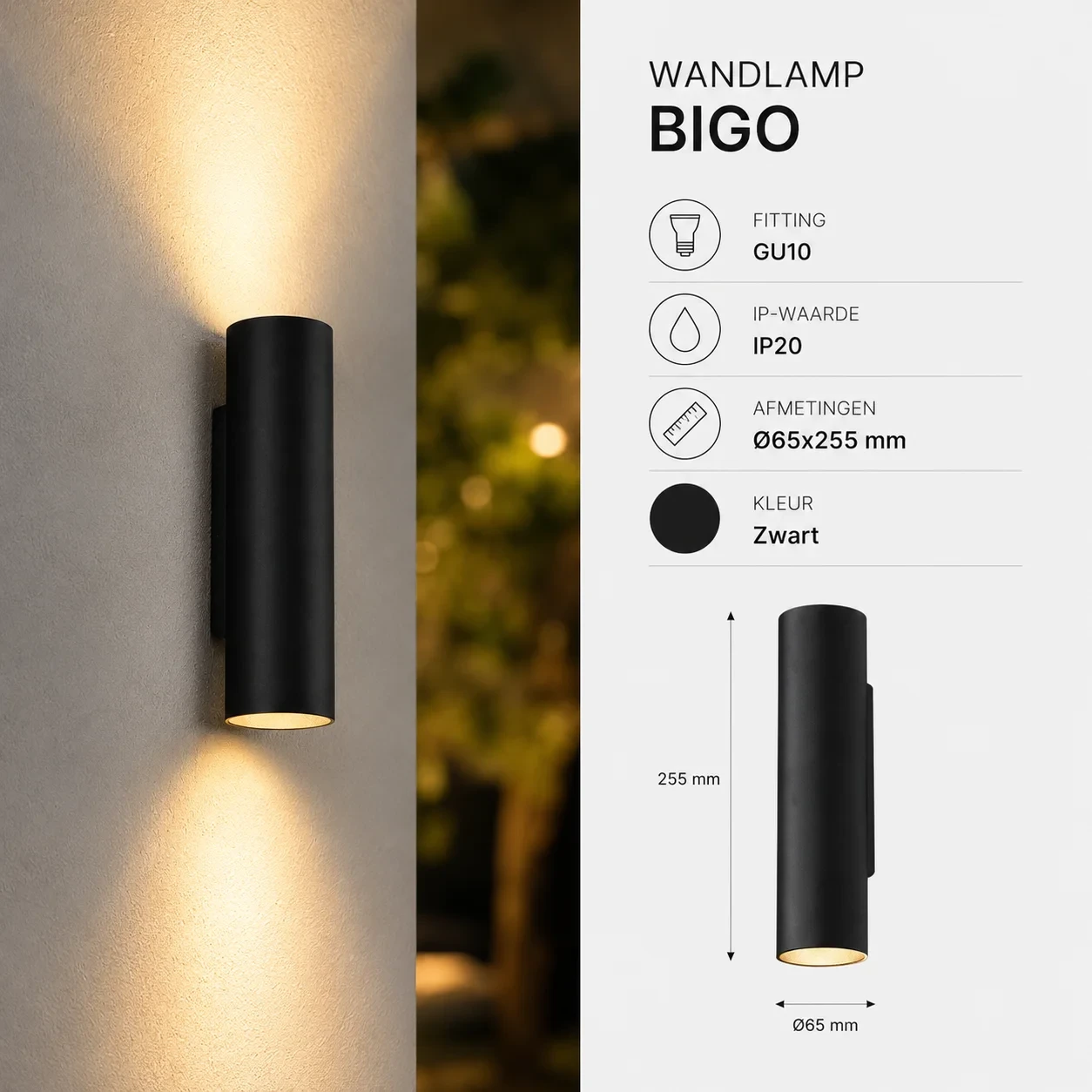 Wandlamp BIGO, GU10, IP20, Ø65x255 mm, Zwart
