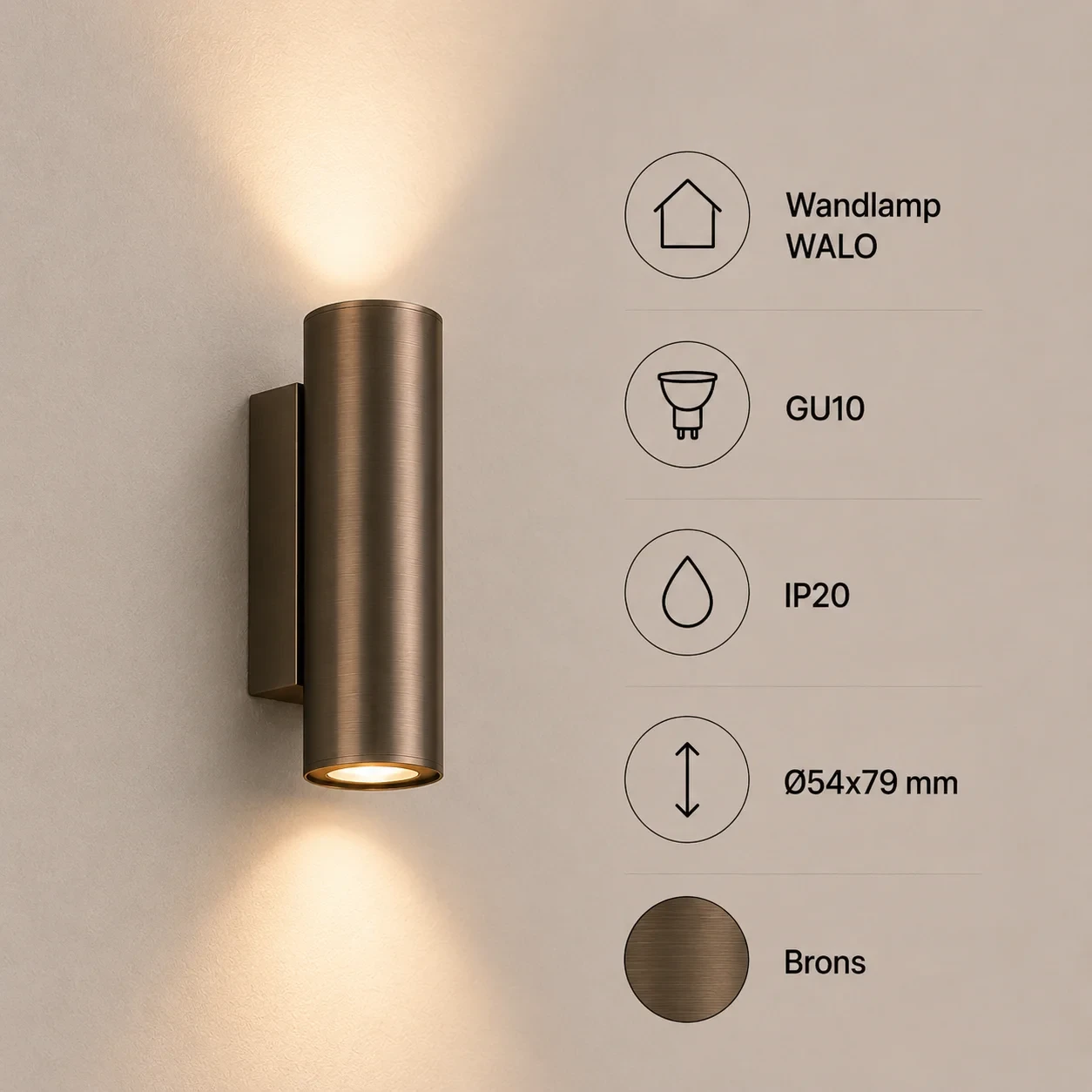 Wandlamp WALO, GU10, IP20, Ø54x79 mm, Brons