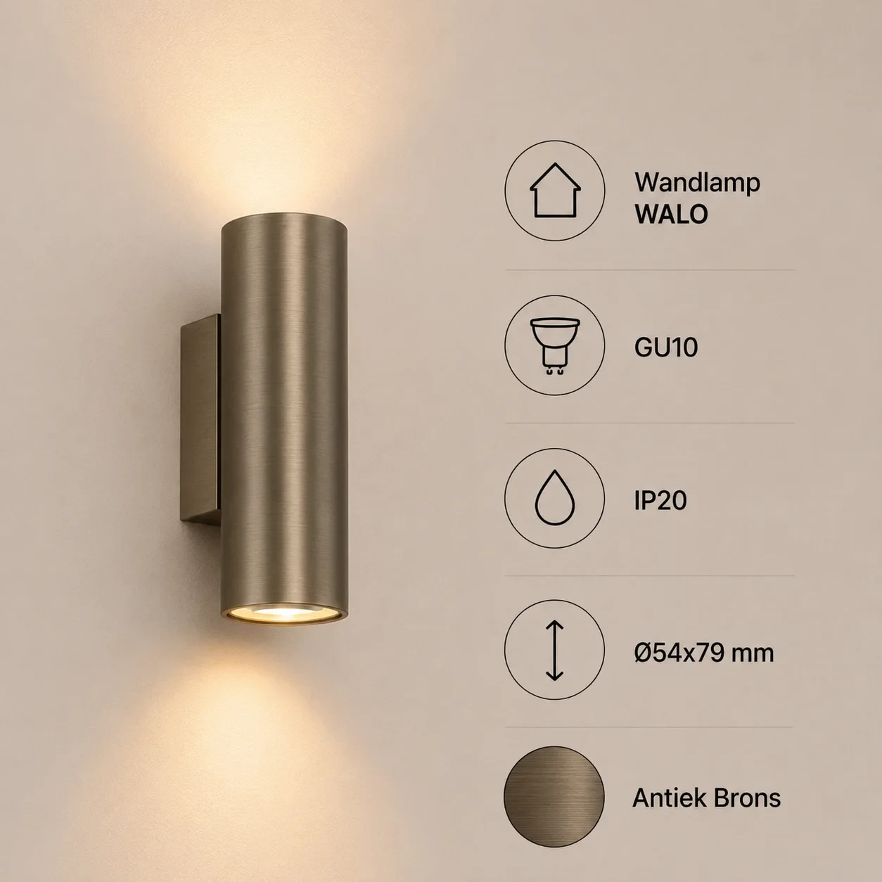 Wandlamp WALO, GU10, IP20, Ø54x79 mm, Antiek Brons