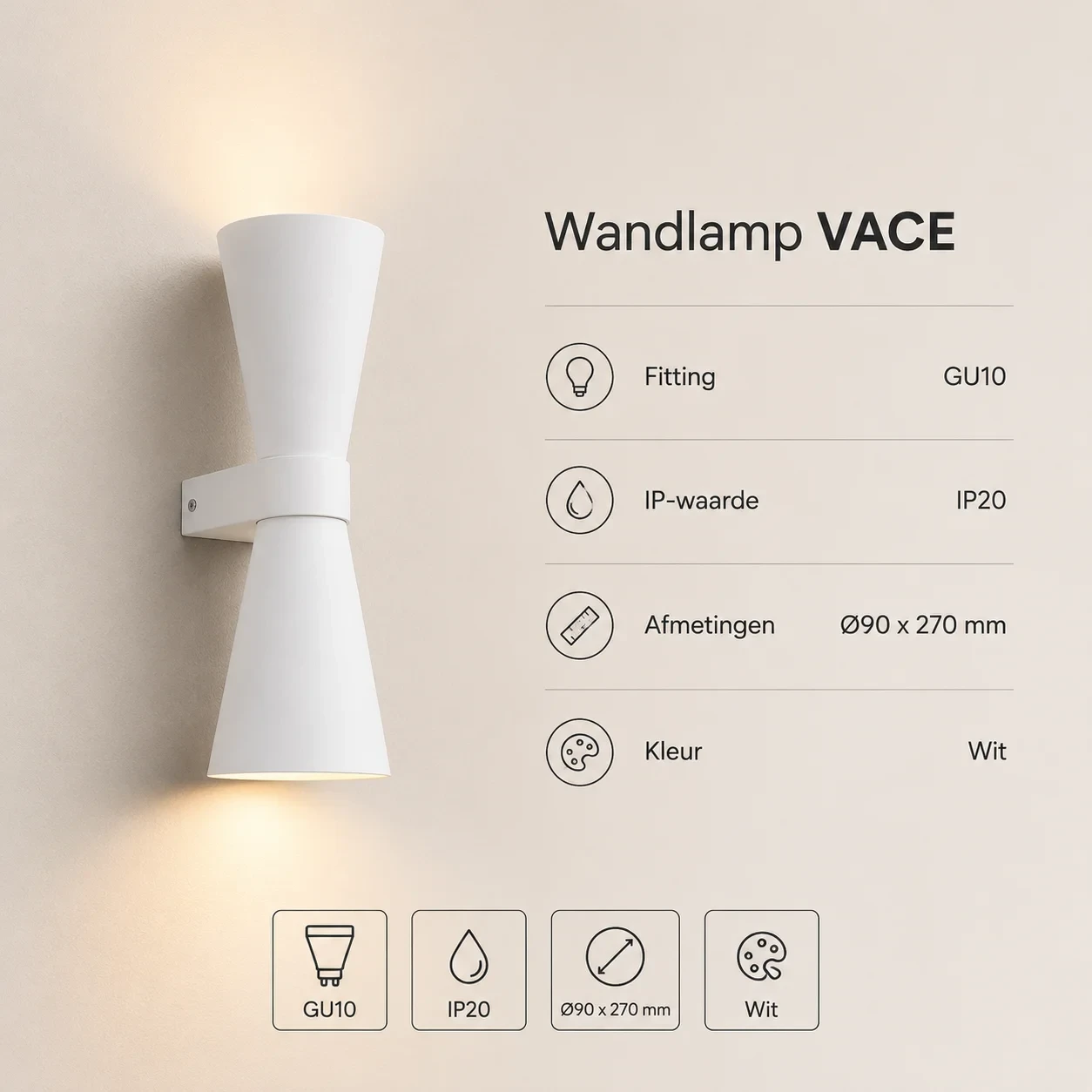 Wandlamp VACE, GU10, IP20, Ø90 x 270 mm, Wit