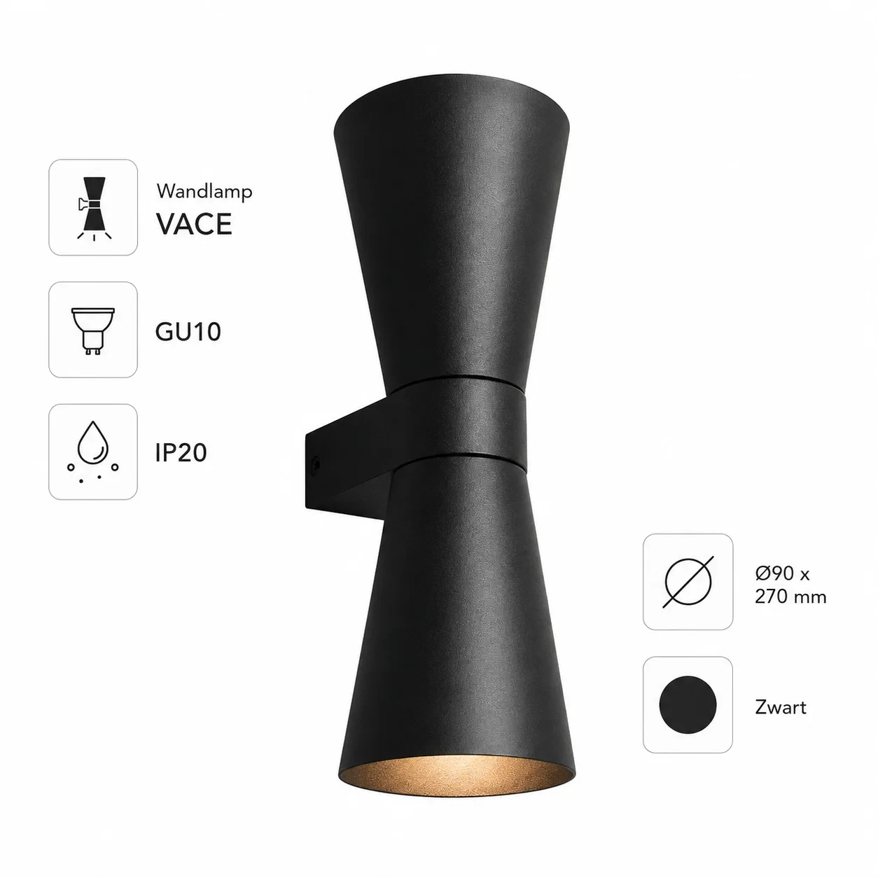 Wandlamp VACE, GU10, IP20, Ø90 x 270 mm, Zwart