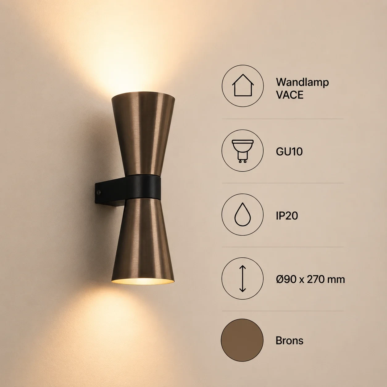 Wandlamp VACE, GU10, IP20, Ø90 x 270 mm, Brons