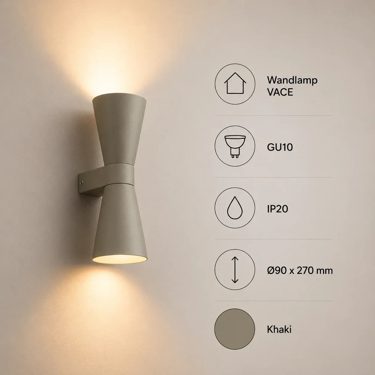 Wandlamp VACE, GU10, IP20, Ø90 x 270 mm, Khaki