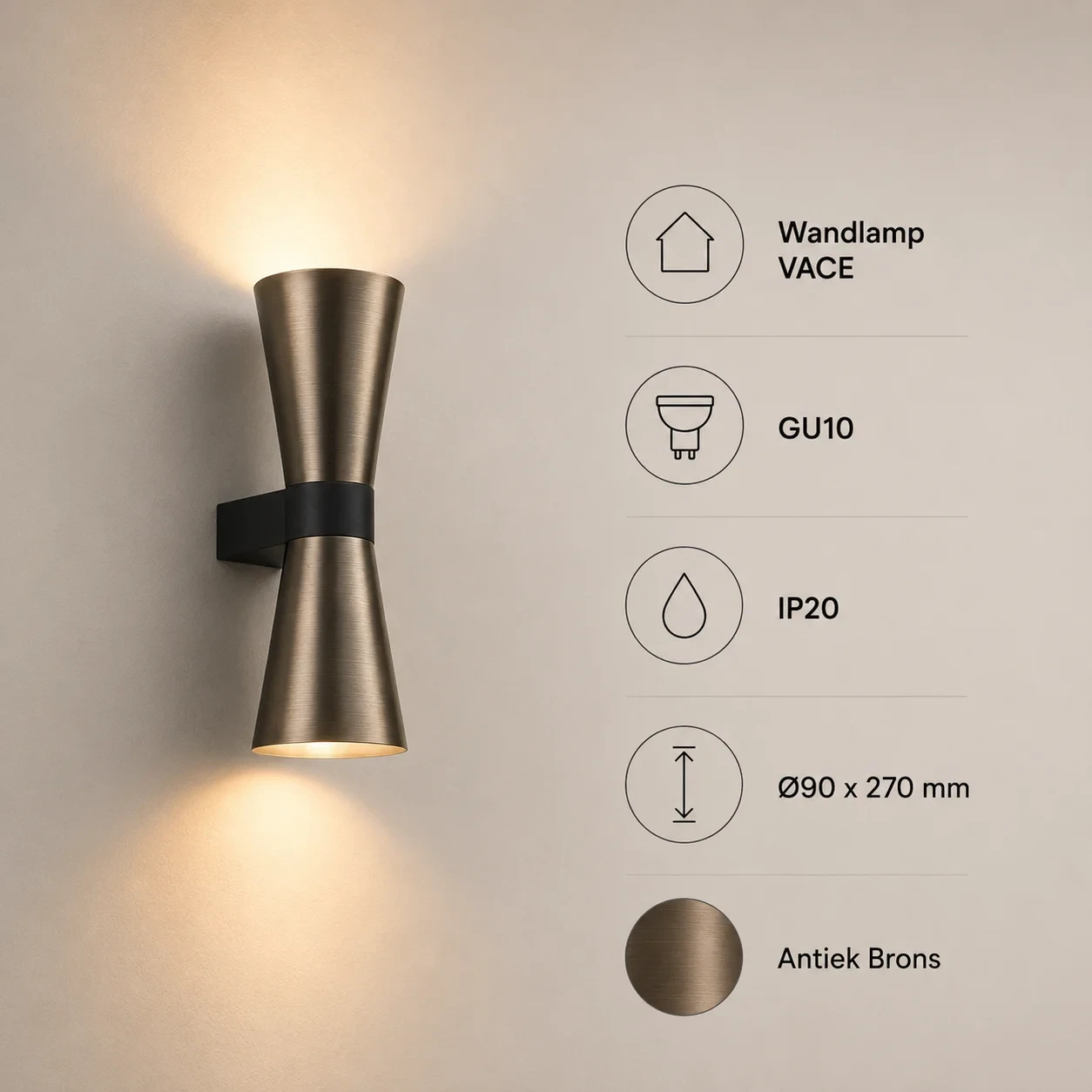 Wandlamp VACE, GU10, IP20, Ø90 x 270 mm, Antiek Brons