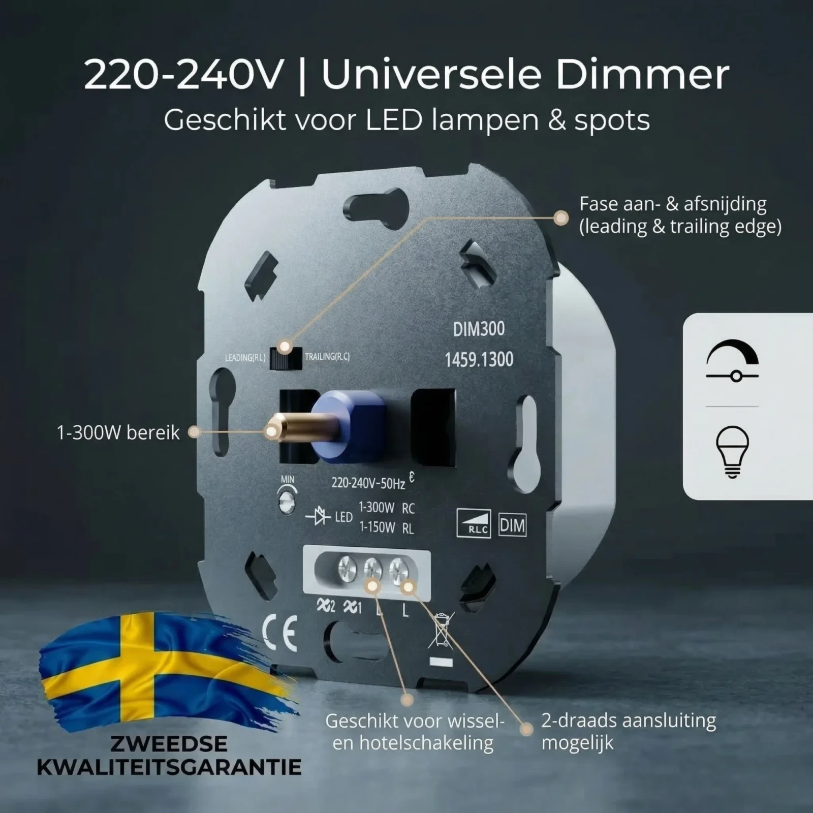 LED Dimmer, 1–300W, 220–240V, Fase Afsnijding, Universeel