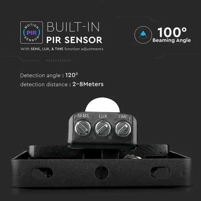 LED Breedstraler met Bewegingssensor, 20W, 6400K Wit, 1600lm, IP65, Zwart