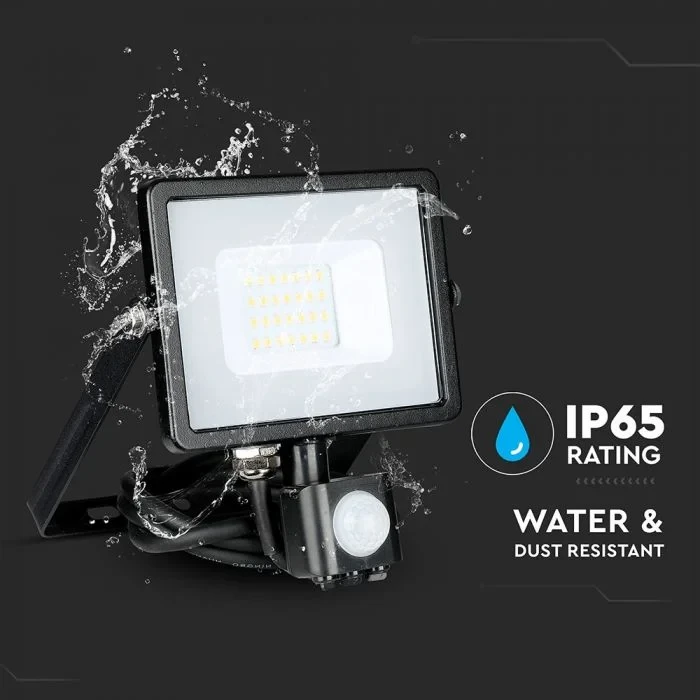 LED Breedstraler met Bewegingssensor, 20W, 6400K Wit, 1600lm, IP65, Zwart