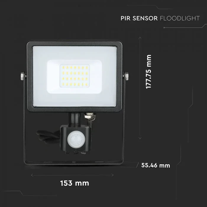LED Breedstraler met Bewegingssensor, 20W, 6400K Wit, 1600lm, IP65, Zwart