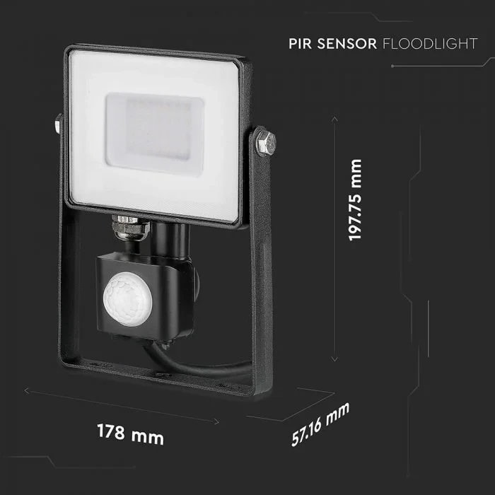 LED Breedstraler met Bewegingssensor, 30W, 6400K Wit, 2400lm, IP65, Zwart