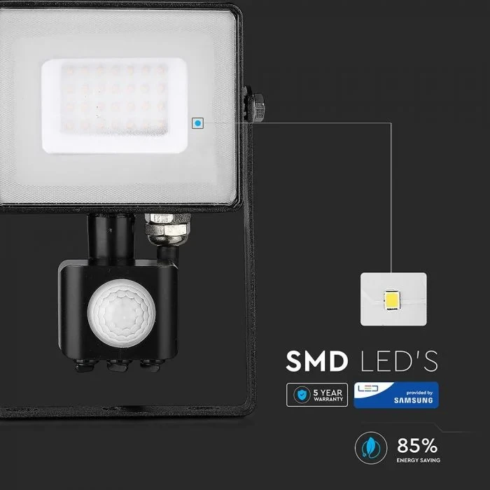 LED Breedstraler met Bewegingssensor, 30W, 6400K Wit, 2400lm, IP65, Zwart