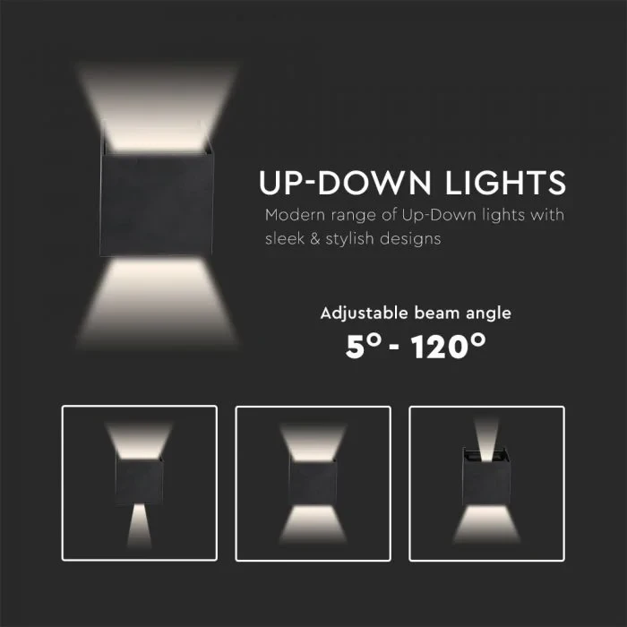LED Up-Down Wandlamp, 12W, Vierkant, Zwart, 3000K Warm Wit