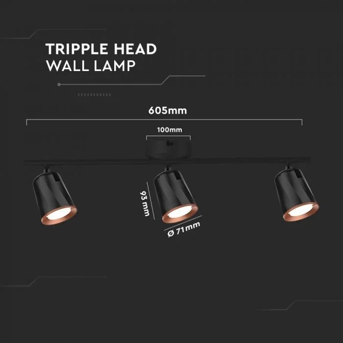 LED Plafondlamp, 18W, 3-Lichts, 3000K Warm Wit, Zwart