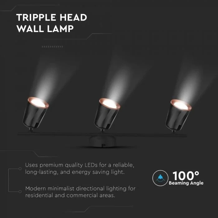 LED Plafondlamp, 18W, 3-Lichts, 3000K Warm Wit, Zwart