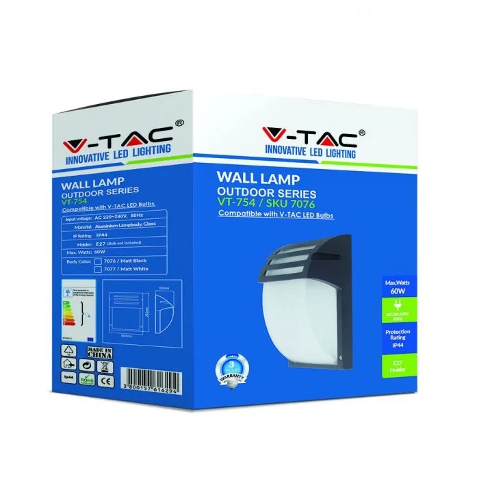 Wandlamp, E27, Mat Zwart, Frosted Glas