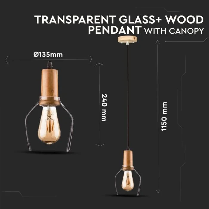 Hanglamp, Glas en Hout, E27, Transparant