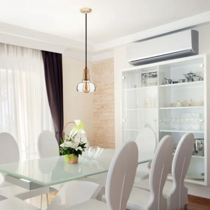 Hanglamp, Glas en Hout, E27, Transparant