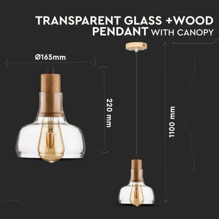 Hanglamp, Glas en Hout, E27, Transparant