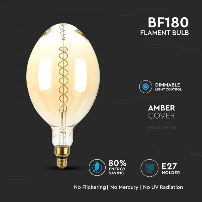 LED Filament Lamp BF180, 8W, 2000K Warm Amber, E27, Dimbaar, 500 lumen